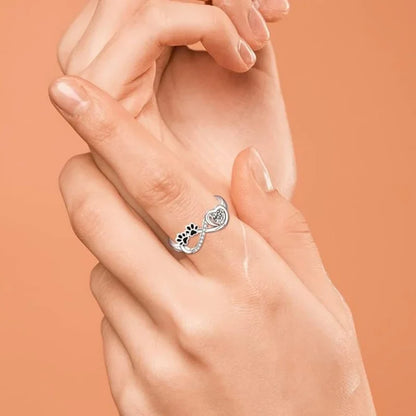 Paw Print Ring with Heart-Shaped Zirconia & Infinity Symbol – "Always in My Heart" – 925 Sterling Silver