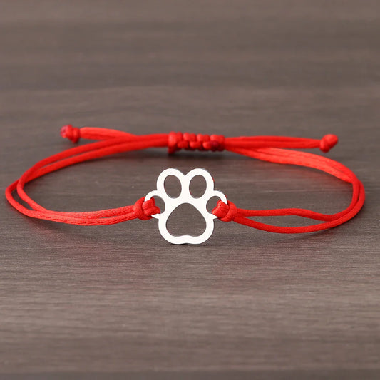 Adjustable Paw Print Bracelet with Black & Red Cord