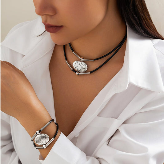 Handcrafted 2-Piece Ethno Jewelry Set with Carved Oval Pendant | Necklace & Bracelet