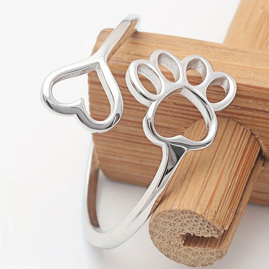 Handcrafted Paw Print Heart 925 Sterling Silver Adjustable Ring – Pet Memorial Jewelry